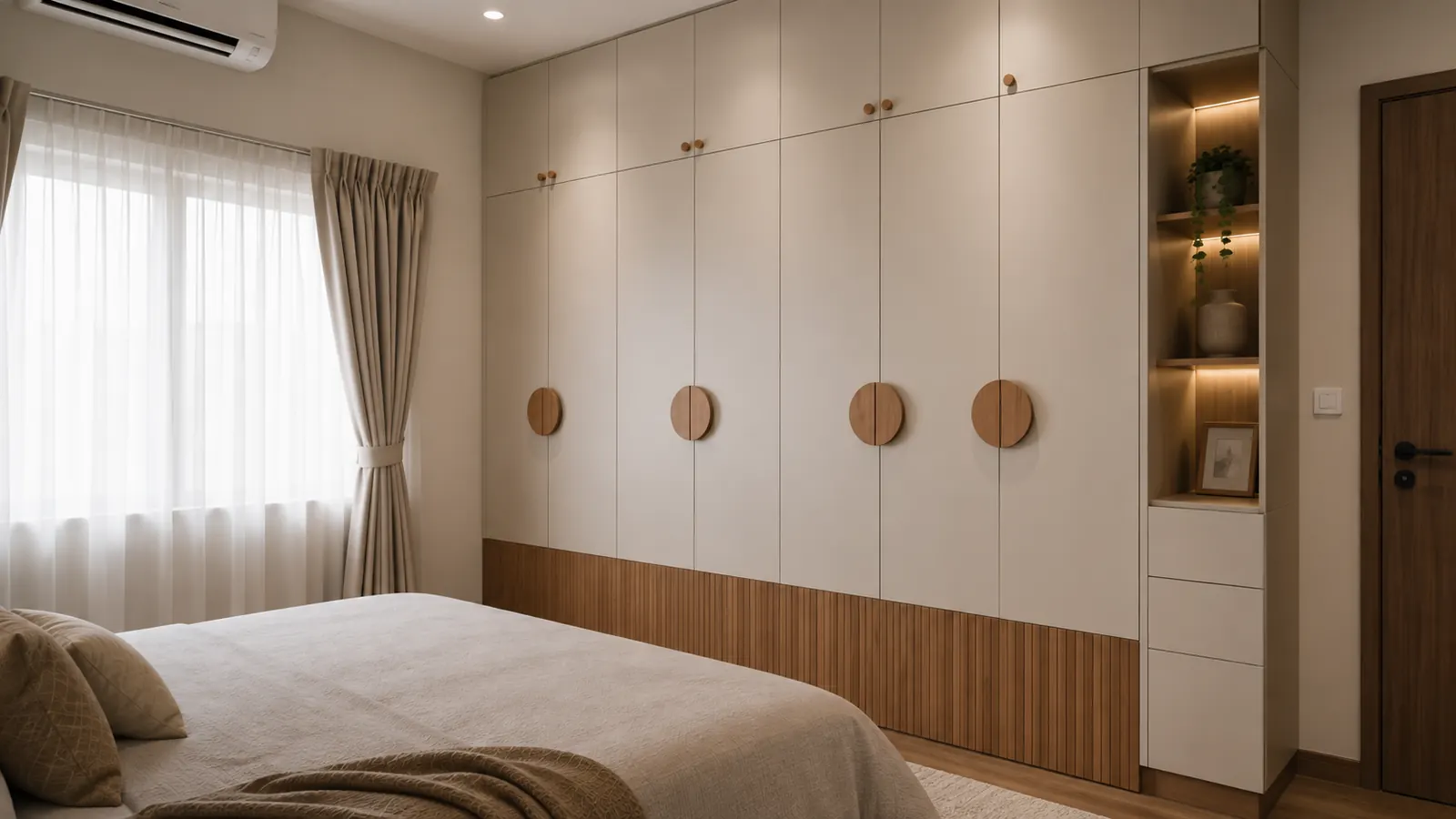 Bespoke bedroom with backlit wardrobe shutters and a dresser niche